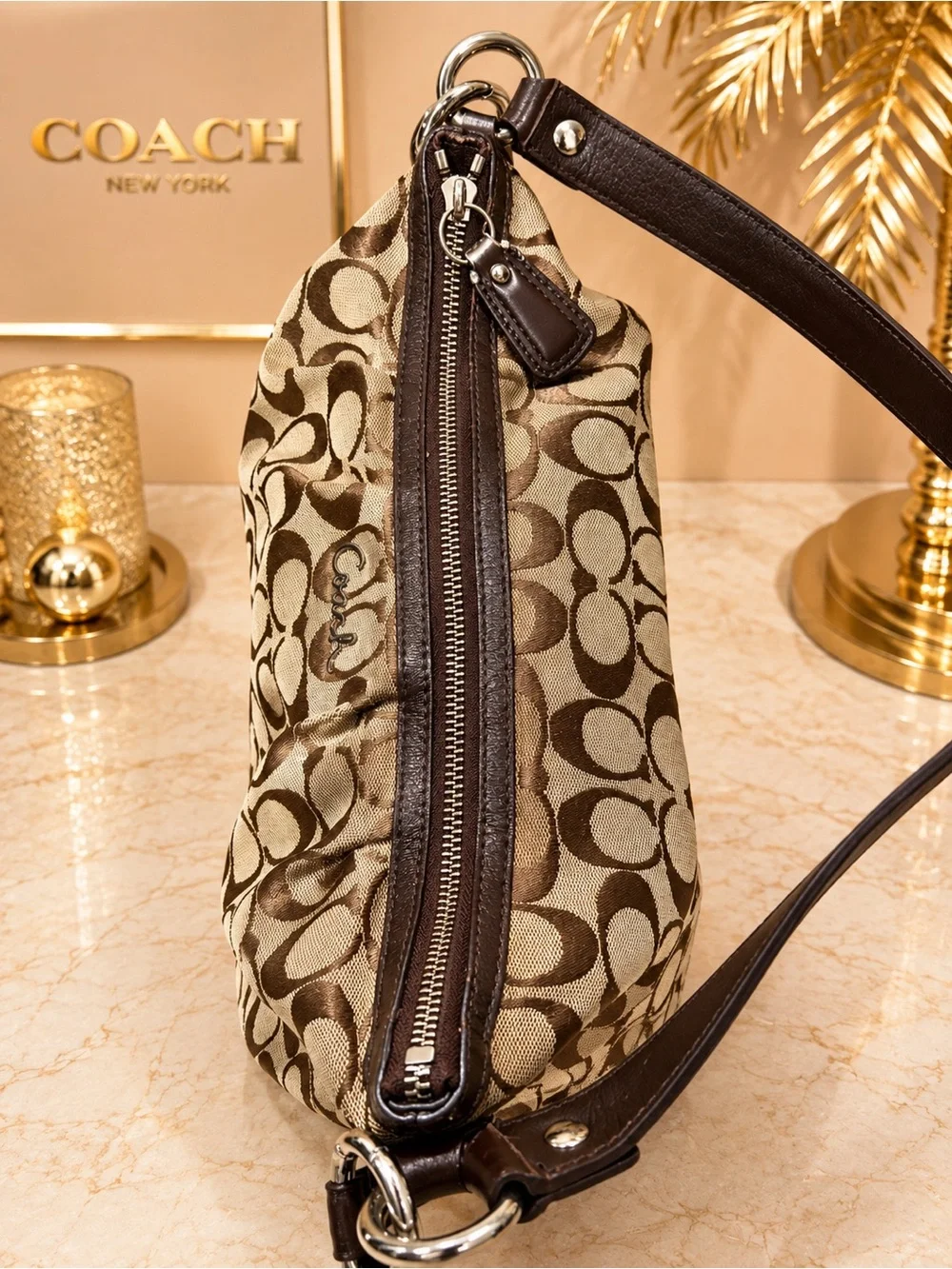 Coach Brown Signature Canvas Year 2007 Shoulder Bag with Dark Brown Leather Trim